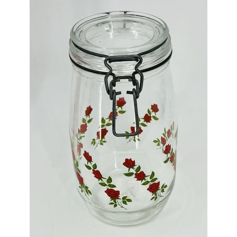 Vintage Arc Red Roses Flowers 1.5 Liter Glass Cannister Jar France Latched Lid